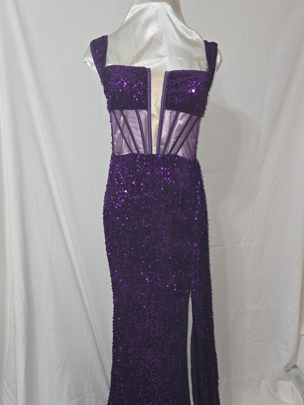 Purple Sequin Maxi Dress with Sheer Corset Bodice